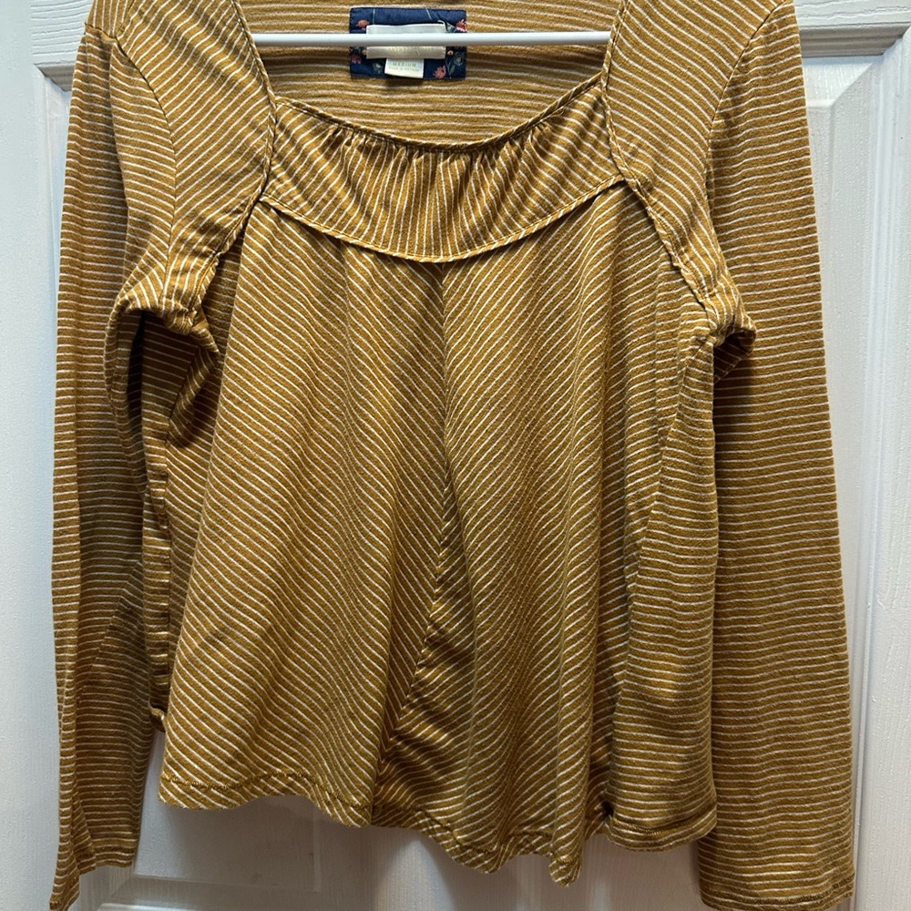 Maeve Striped Mustard Long-Sleeve Ruffle-Neck Top